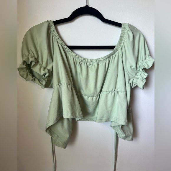 SHEIN Light Green Tie Cropped Top Blouse Short Sleeve Large - Picture 4 of 6